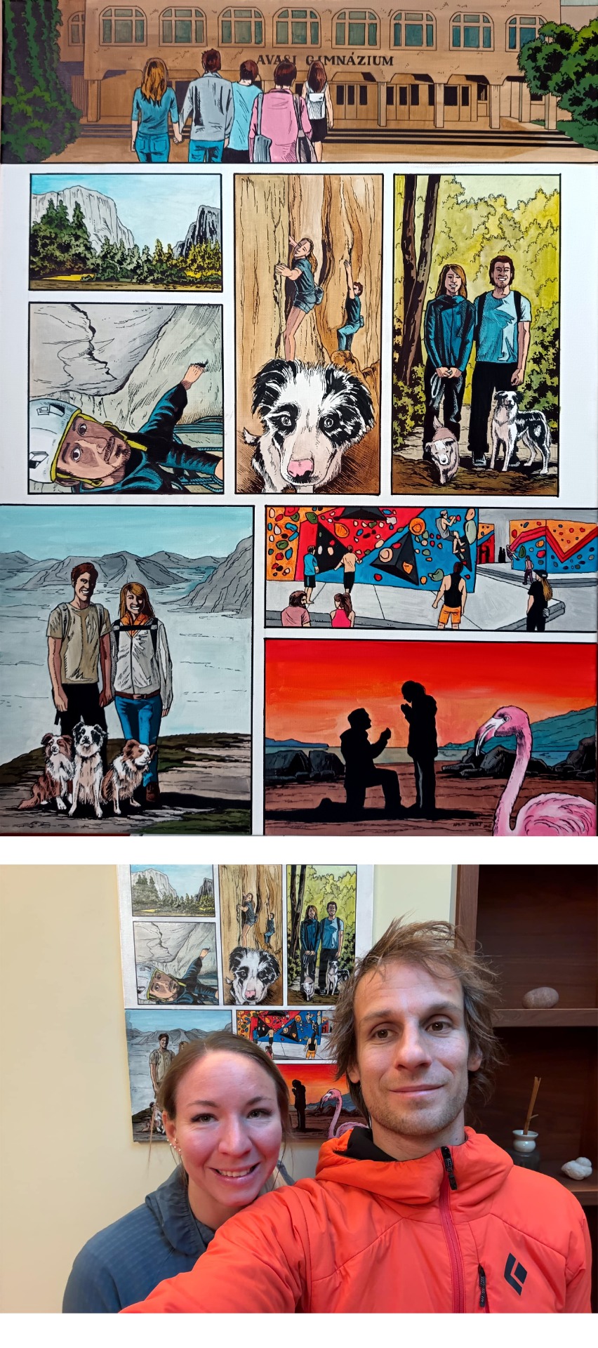 Esküvői ajándékba készült 50x70 cm képregény akrillal festve. A fiatal pár megismerkedését és életét mutatja be a lánykérésig.  